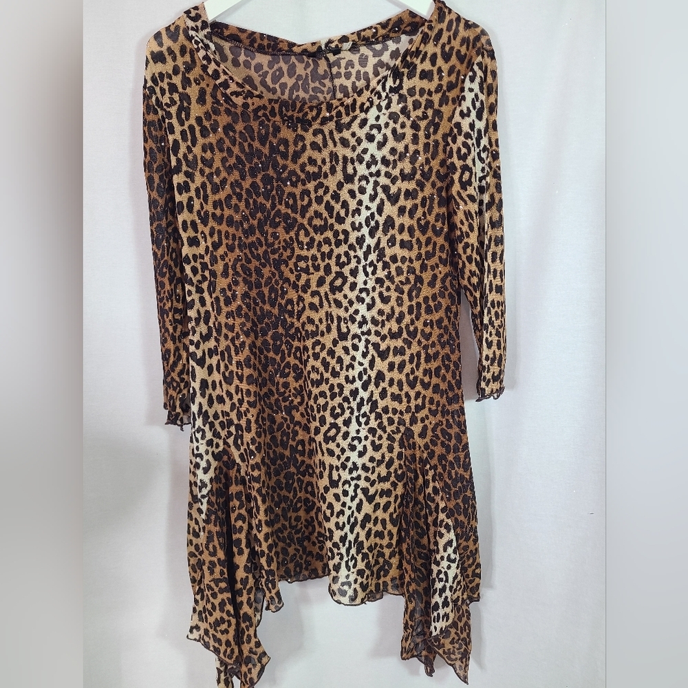 Kaktus sheer leopard print long top- Size large women's- Y2K